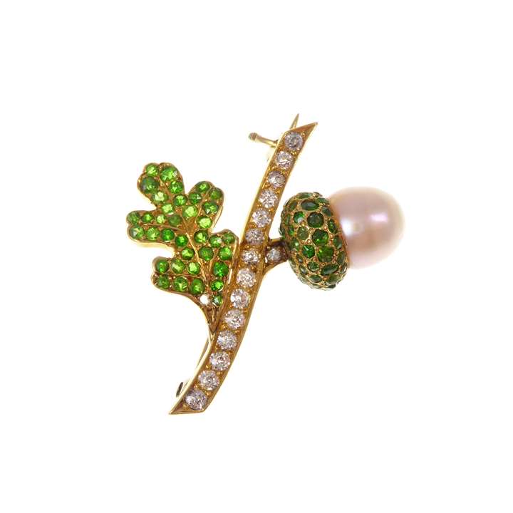 Antique demantoid garnet, pearl and diamond acorn brooch